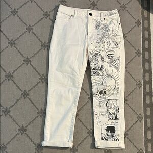 L.L. Bean Off White Hand Drawn Anime Graphic Women Jeans